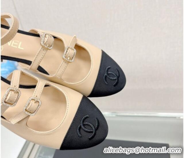 Most Popular Chanel Lambskin Open Shoes Flat with Double Buckle Beige 428147