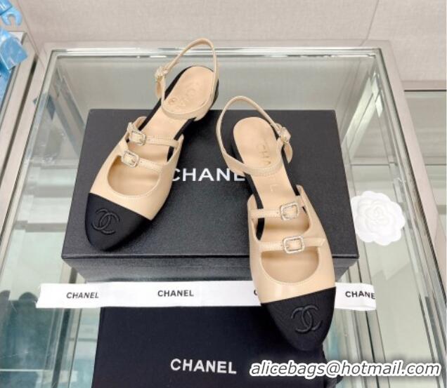 Most Popular Chanel Lambskin Open Shoes Flat with Double Buckle Beige 428147