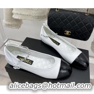 Good Taste Chanel Shiny Lambskin Ballerinas with Chain Ankle Strap G38986 White/Black