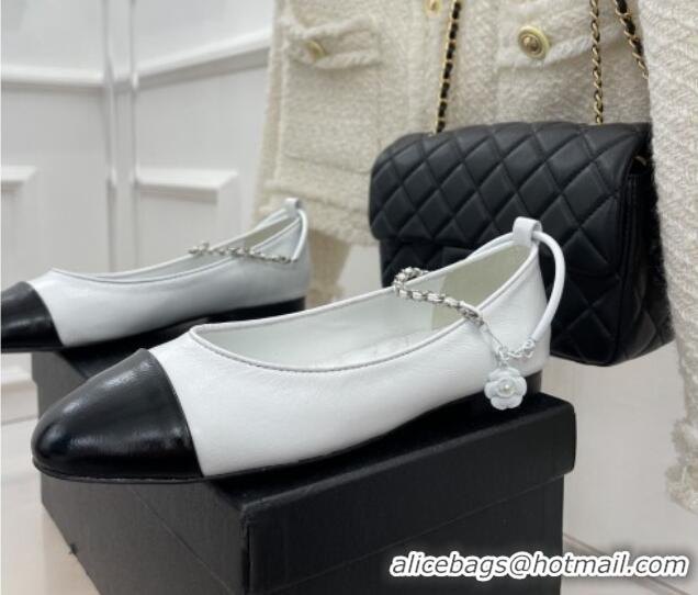 Good Taste Chanel Shiny Lambskin Ballerinas with Chain Ankle Strap G38986 White/Black