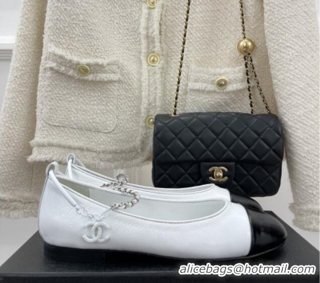 Good Taste Chanel Shiny Lambskin Ballerinas with Chain Ankle Strap G38986 White/Black