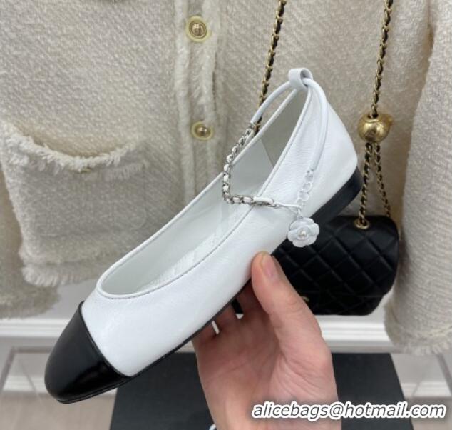 Good Taste Chanel Shiny Lambskin Ballerinas with Chain Ankle Strap G38986 White/Black