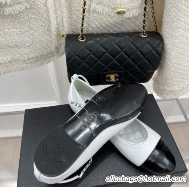 Good Taste Chanel Shiny Lambskin Ballerinas with Chain Ankle Strap G38986 White/Black