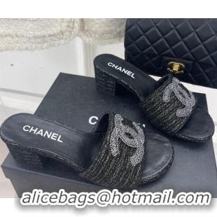 Good Product Chanel CC Tweed Heel Slide Sandals 5cm Black 428149