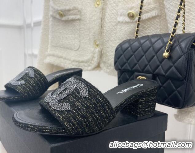 Good Product Chanel CC Tweed Heel Slide Sandals 5cm Black 428149