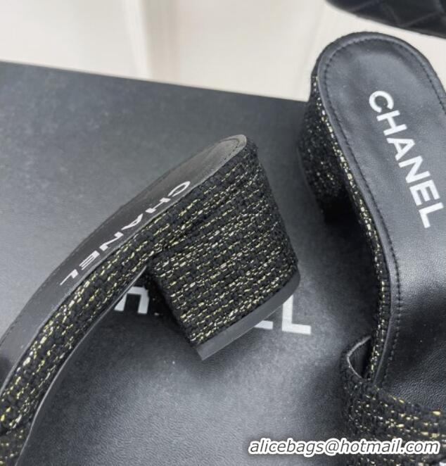 Good Product Chanel CC Tweed Heel Slide Sandals 5cm Black 428149