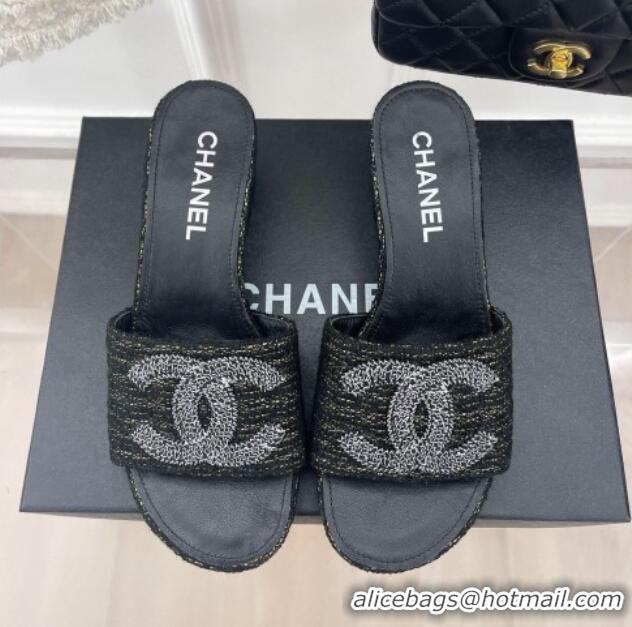 Good Product Chanel CC Tweed Heel Slide Sandals 5cm Black 428149