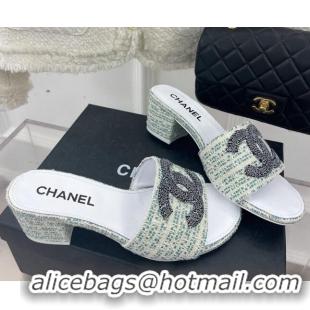 Best Price Chanel CC Tweed Heel Slide Sandals 5cm Green 428150