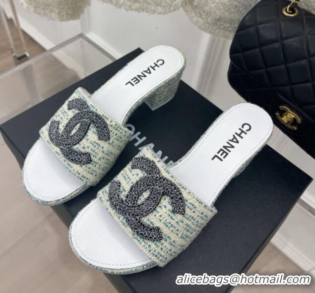 Best Price Chanel CC Tweed Heel Slide Sandals 5cm Green 428150