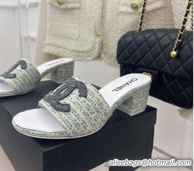 Best Price Chanel CC Tweed Heel Slide Sandals 5cm Green 428150