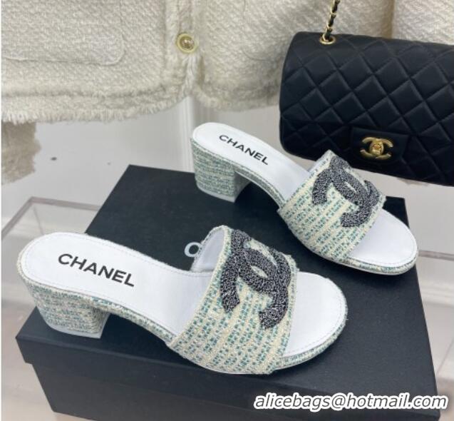 Best Price Chanel CC Tweed Heel Slide Sandals 5cm Green 428150