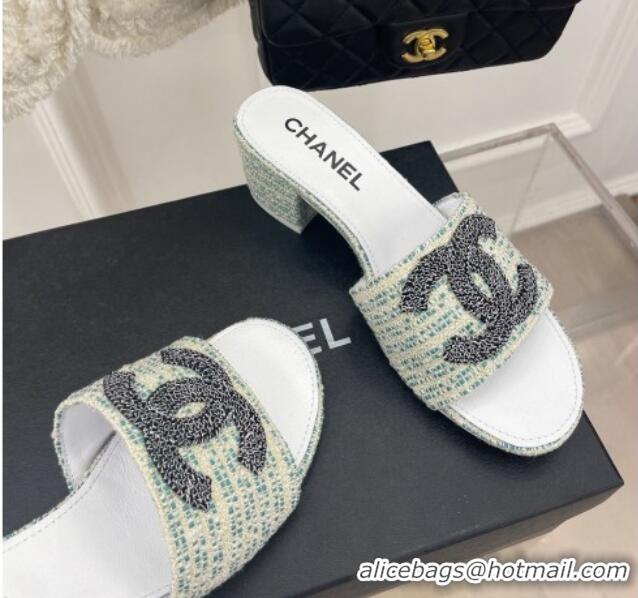 Best Price Chanel CC Tweed Heel Slide Sandals 5cm Green 428150