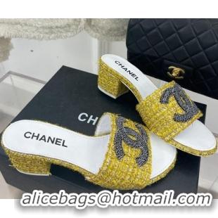 Popular Style Chanel CC Tweed Heel Slide Sandals 5cm Yellow 428151