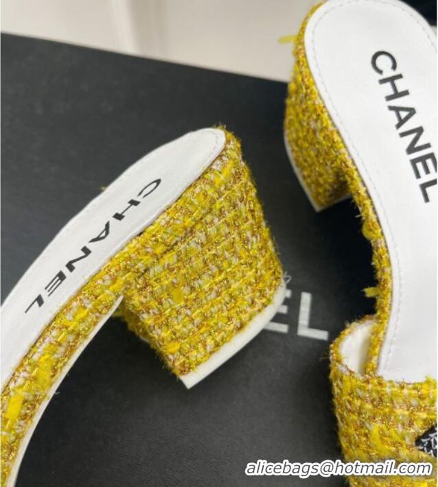 Popular Style Chanel CC Tweed Heel Slide Sandals 5cm Yellow 428151