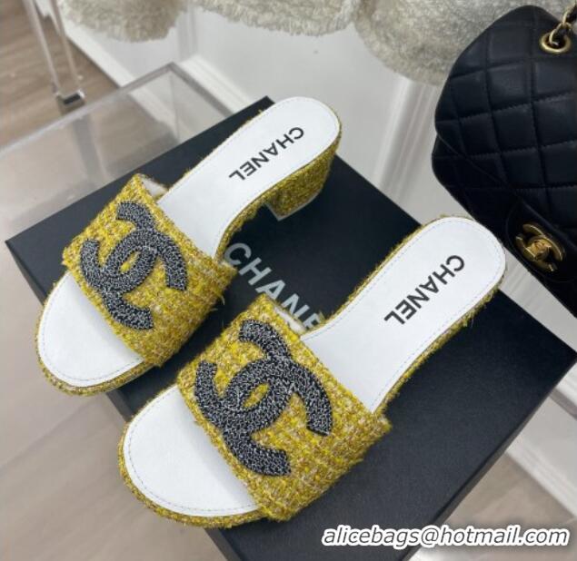 Popular Style Chanel CC Tweed Heel Slide Sandals 5cm Yellow 428151