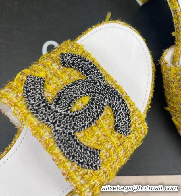 Popular Style Chanel CC Tweed Heel Slide Sandals 5cm Yellow 428151