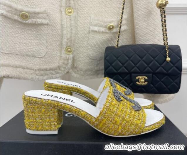 Popular Style Chanel CC Tweed Heel Slide Sandals 5cm Yellow 428151