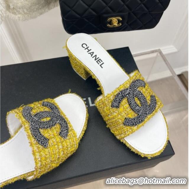 Popular Style Chanel CC Tweed Heel Slide Sandals 5cm Yellow 428151