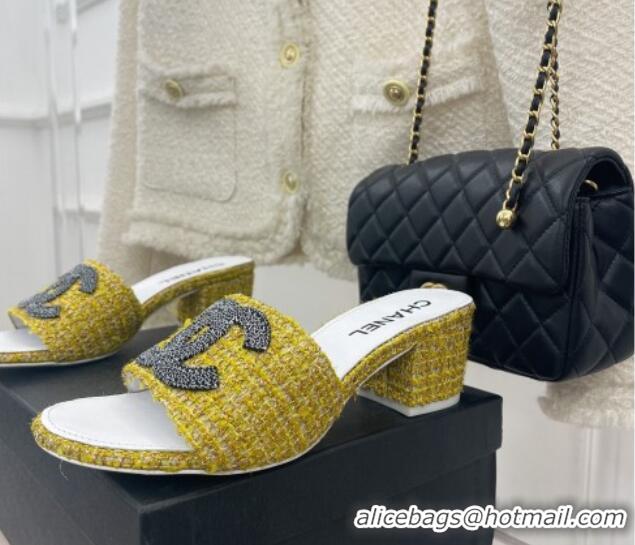 Popular Style Chanel CC Tweed Heel Slide Sandals 5cm Yellow 428151