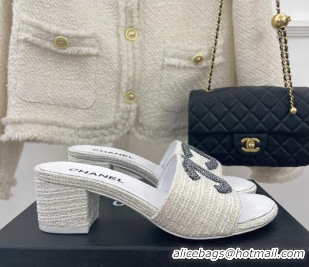 Pretty Style Chanel CC Tweed Heel Slide Sandals 5cm White 428152