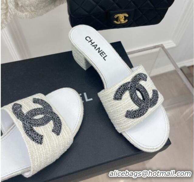 Pretty Style Chanel CC Tweed Heel Slide Sandals 5cm White 428152