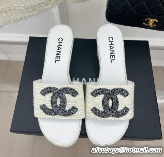 Pretty Style Chanel CC Tweed Heel Slide Sandals 5cm White 428152