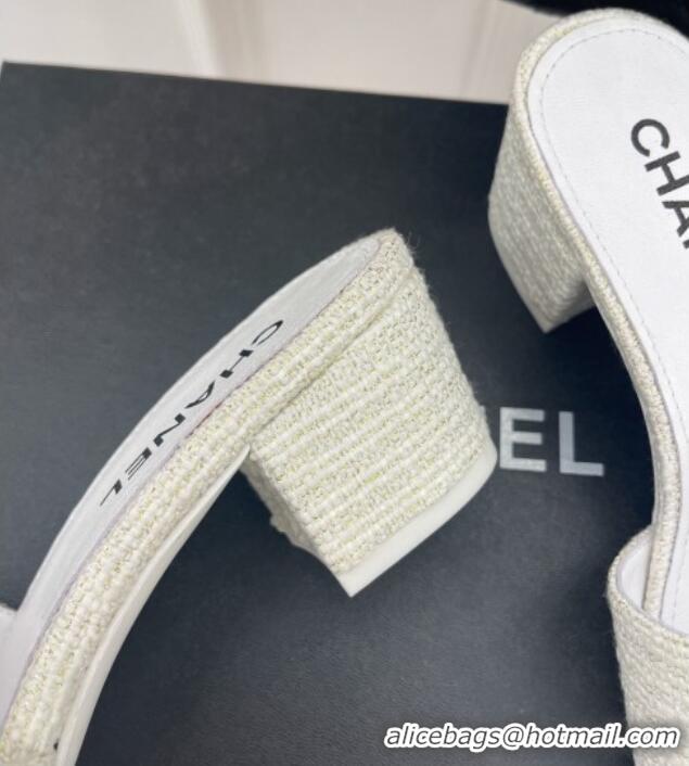 Pretty Style Chanel CC Tweed Heel Slide Sandals 5cm White 428152