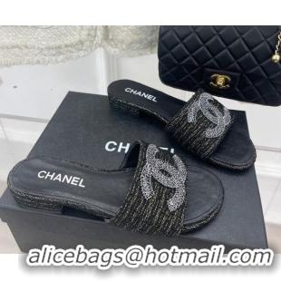 Low Cost Chanel CC Tweed Flat Slide Sandals Black 428153