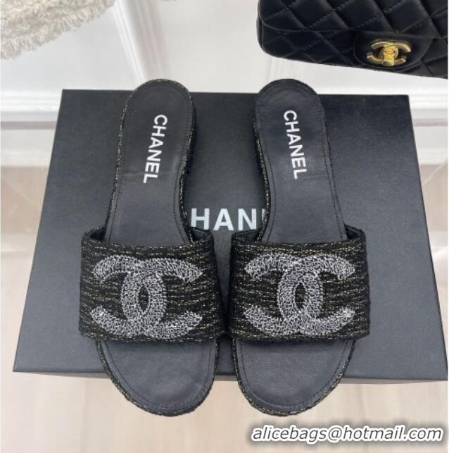 Low Cost Chanel CC Tweed Flat Slide Sandals Black 428153