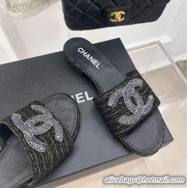 Low Cost Chanel CC Tweed Flat Slide Sandals Black 428153