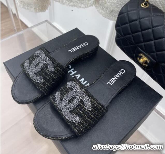 Low Cost Chanel CC Tweed Flat Slide Sandals Black 428153