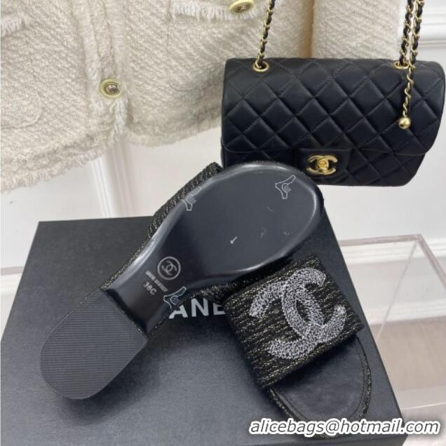 Low Cost Chanel CC Tweed Flat Slide Sandals Black 428153