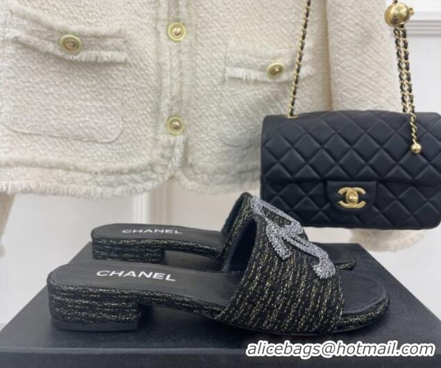 Low Cost Chanel CC Tweed Flat Slide Sandals Black 428153