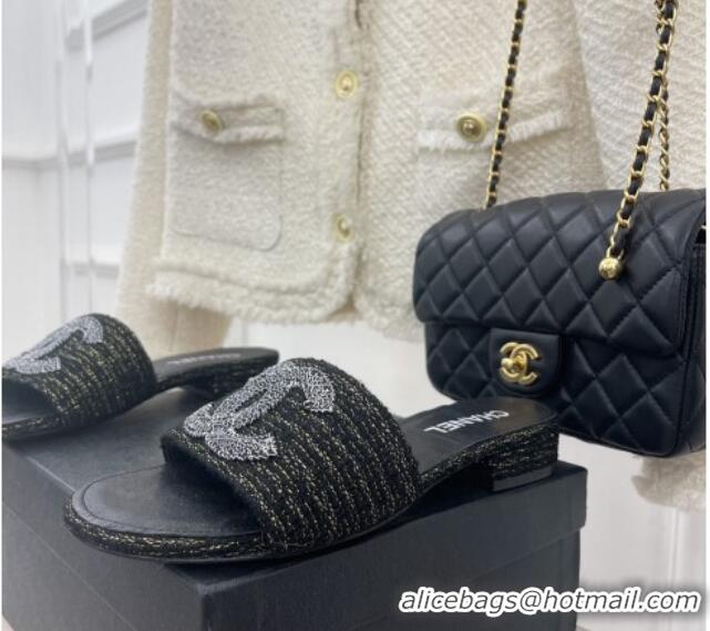 Low Cost Chanel CC Tweed Flat Slide Sandals Black 428153