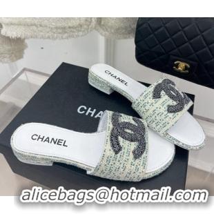 Good Looking Chanel CC Tweed Flat Slide Sandals Green 428154