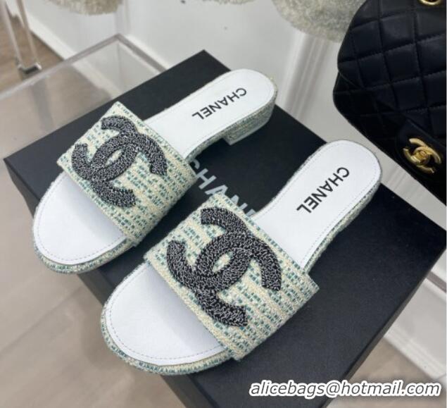 Good Looking Chanel CC Tweed Flat Slide Sandals Green 428154