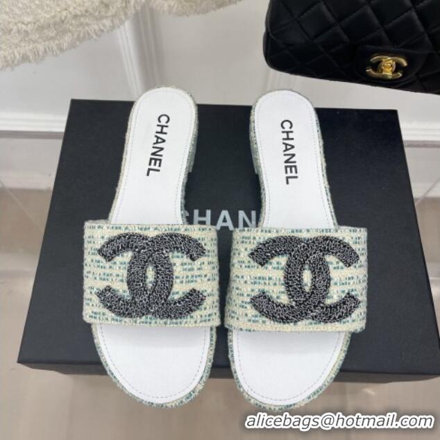 Good Looking Chanel CC Tweed Flat Slide Sandals Green 428154