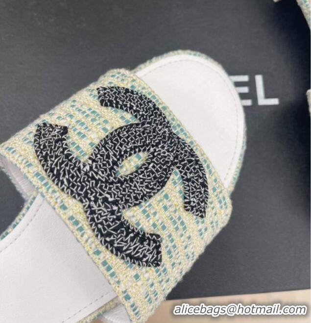 Good Looking Chanel CC Tweed Flat Slide Sandals Green 428154