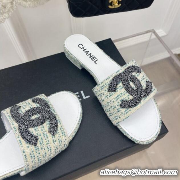 Good Looking Chanel CC Tweed Flat Slide Sandals Green 428154