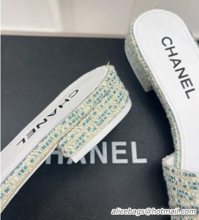 Good Looking Chanel CC Tweed Flat Slide Sandals Green 428154