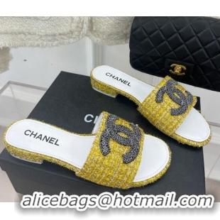 Top Grade Chanel CC Tweed Flat Slide Sandals Yellow 428155