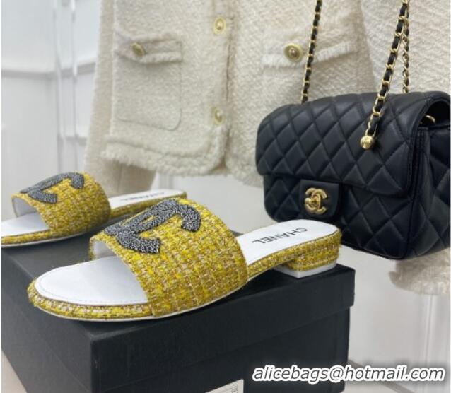 Top Grade Chanel CC Tweed Flat Slide Sandals Yellow 428155