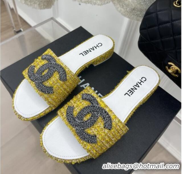 Top Grade Chanel CC Tweed Flat Slide Sandals Yellow 428155