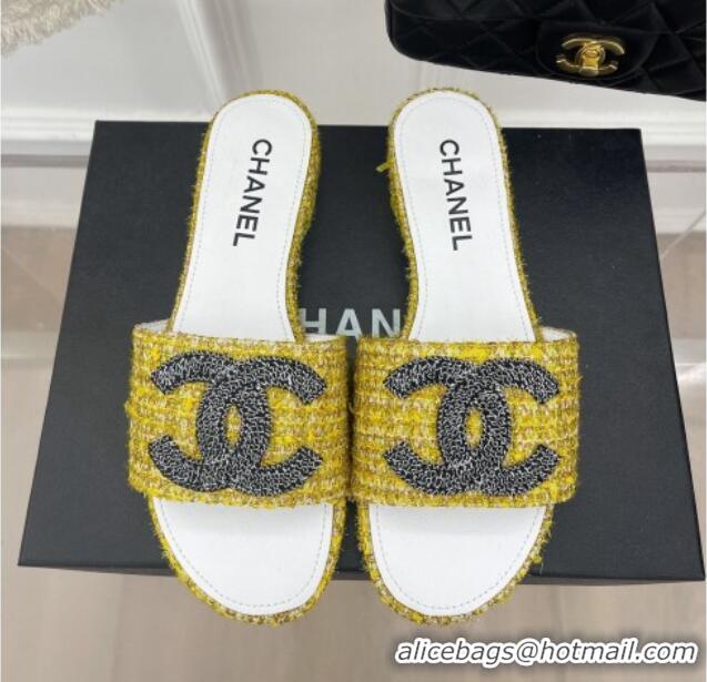 Top Grade Chanel CC Tweed Flat Slide Sandals Yellow 428155