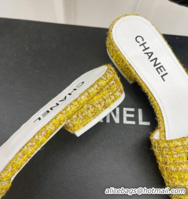 Top Grade Chanel CC Tweed Flat Slide Sandals Yellow 428155