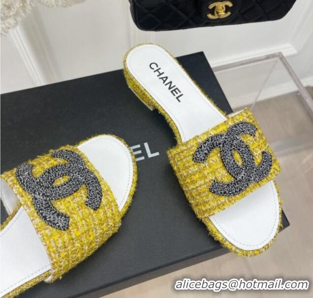 Top Grade Chanel CC Tweed Flat Slide Sandals Yellow 428155