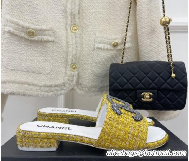 Top Grade Chanel CC Tweed Flat Slide Sandals Yellow 428155