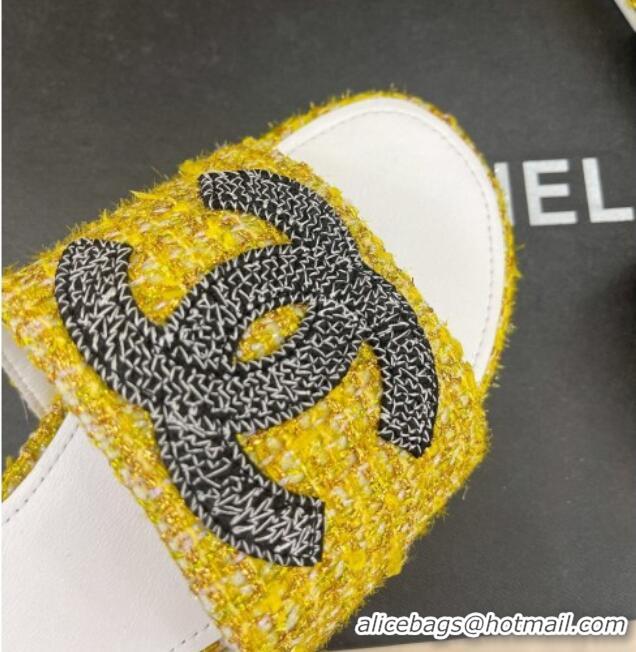 Top Grade Chanel CC Tweed Flat Slide Sandals Yellow 428155