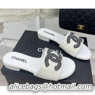 Good Quality Chanel CC Tweed Flat Slide Sandals White 428156