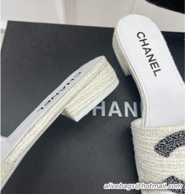 Good Quality Chanel CC Tweed Flat Slide Sandals White 428156